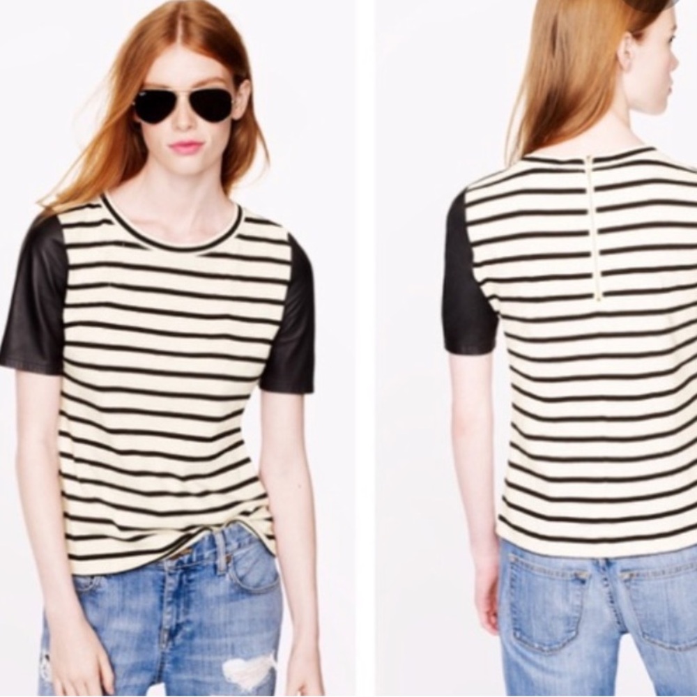 J Crew Leather sleeve striped top Small